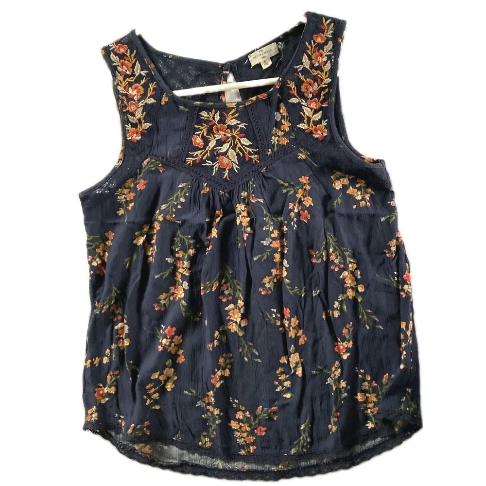 Mason & Belle Shirt Womens S Navy Floral Embroidered Lace Sleeveless Top